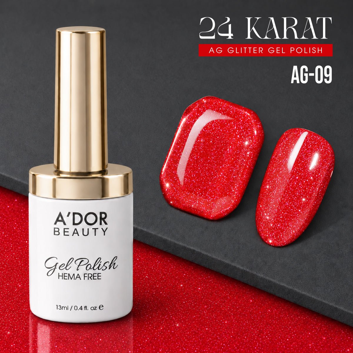 A'DOR 24 Karat Glitter Gel - Set 12 Colors - HEMA & TPO Free - 0.4 oz + FREE A'DOR Diamond Top Coat + FREE Sample Set - DTK Nail Supply