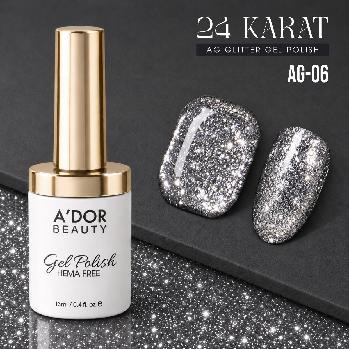 A'DOR 24 Karat Glitter Gel - Set 12 Colors - HEMA & TPO Free - 0.4 oz + FREE A'DOR Diamond Top Coat + FREE Sample Set - DTK Nail Supply