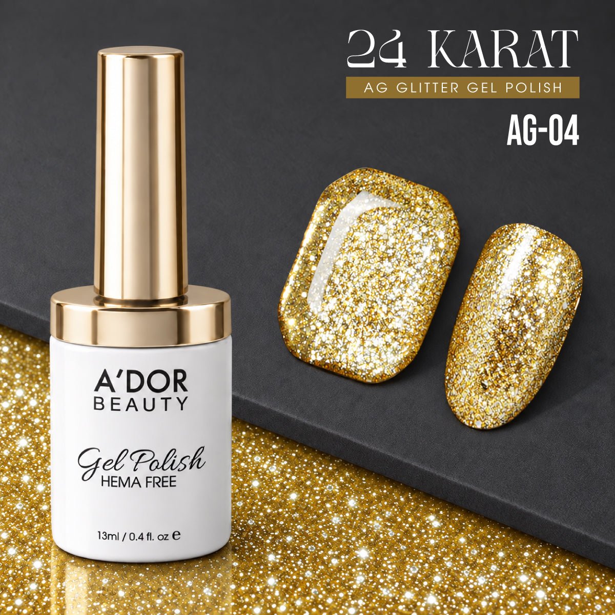 A'DOR 24 Karat Glitter Gel - Set 12 Colors - HEMA & TPO Free - 0.4 oz + FREE A'DOR Diamond Top Coat + FREE Sample Set - DTK Nail Supply