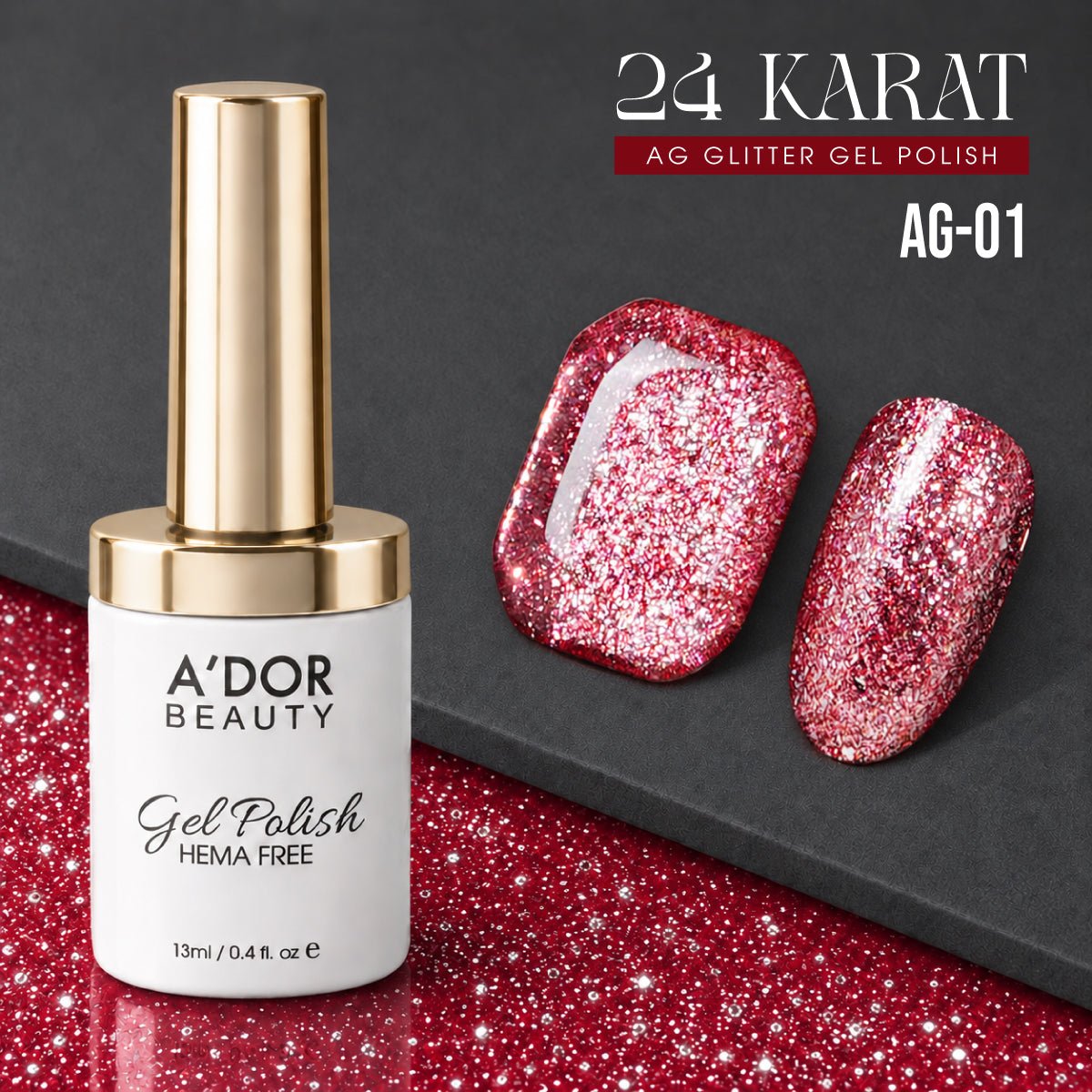 A'DOR 24 Karat Glitter Gel - Set 12 Colors - HEMA & TPO Free - 0.4 oz + FREE A'DOR Diamond Top Coat + FREE Sample Set - DTK Nail Supply