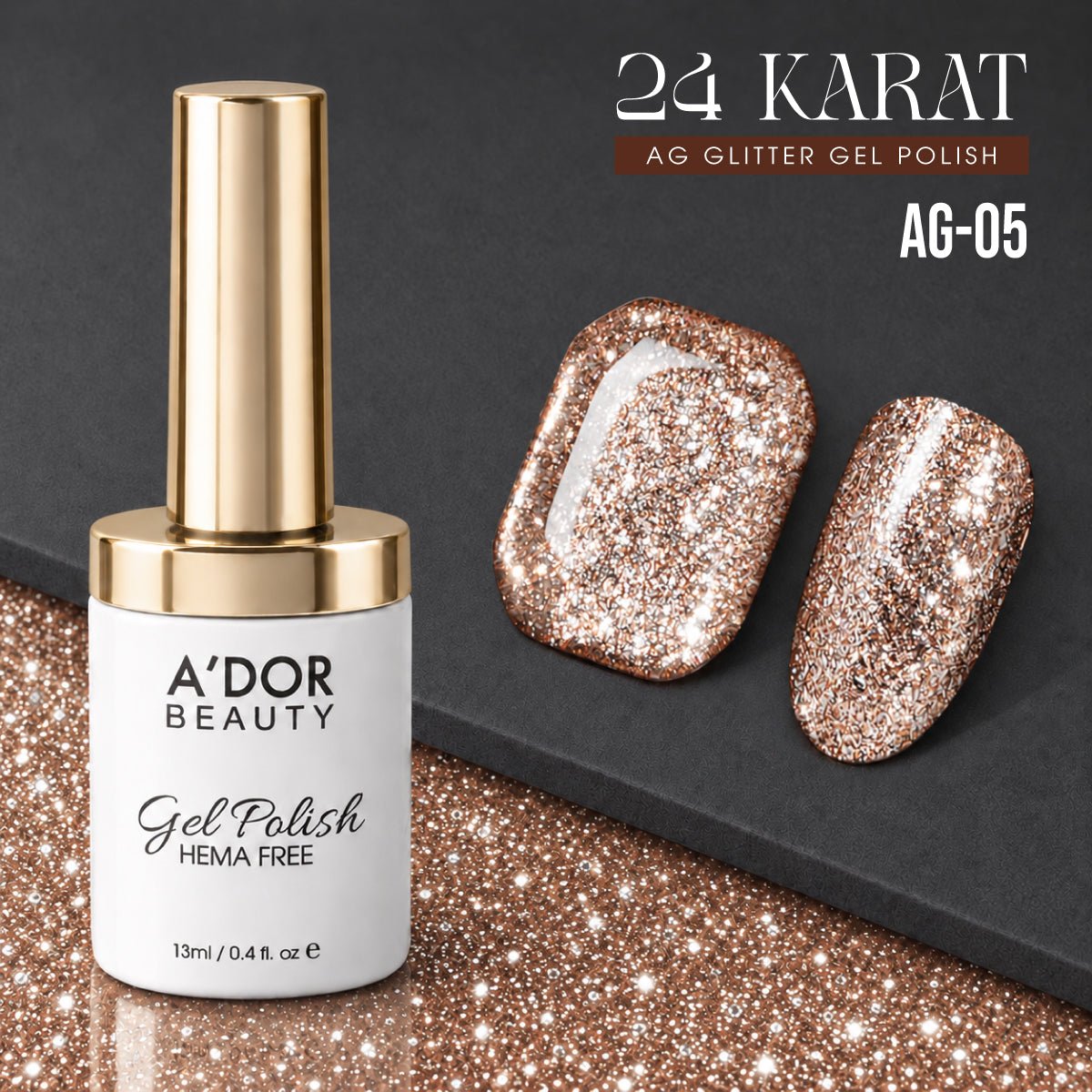 A'DOR 24 Karat Glitter Gel - Set 12 Colors - HEMA & TPO Free - 0.4 oz + FREE A'DOR Diamond Top Coat + FREE Sample Set - DTK Nail Supply