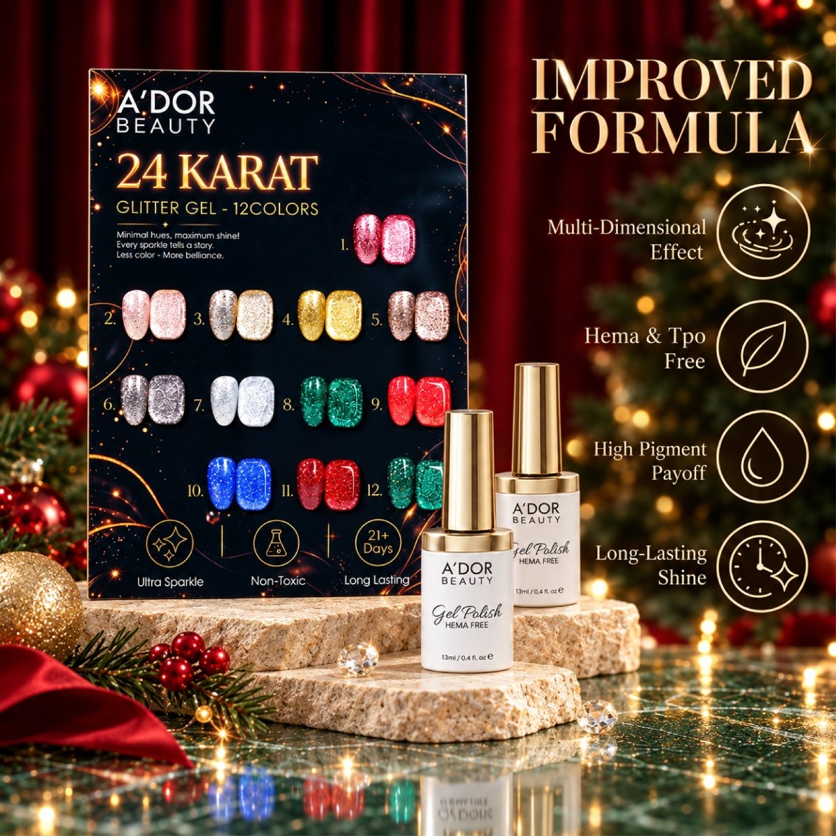 A'DOR 24 Karat Glitter Gel - Set 12 Colors - HEMA & TPO Free - 0.4 oz - DTK Nail Supply