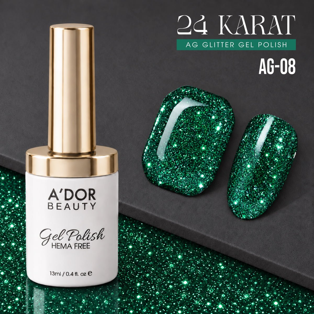 A'DOR 24 Karat Glitter Gel - Set 12 Colors - HEMA & TPO Free - 0.4 oz + FREE A'DOR Diamond Top Coat + FREE Sample Set - DTK Nail Supply