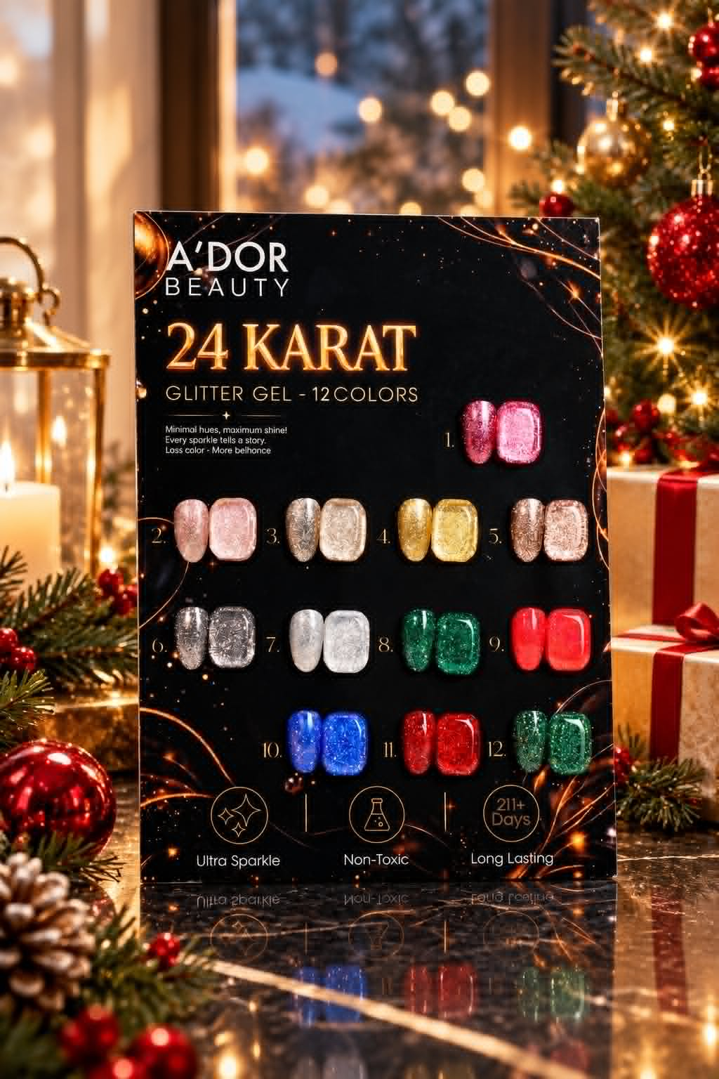 A'DOR 24 Karat Glitter Gel Set 12 Colors + FREE A'DOR Diamond Top Coat + FREE Sample Set