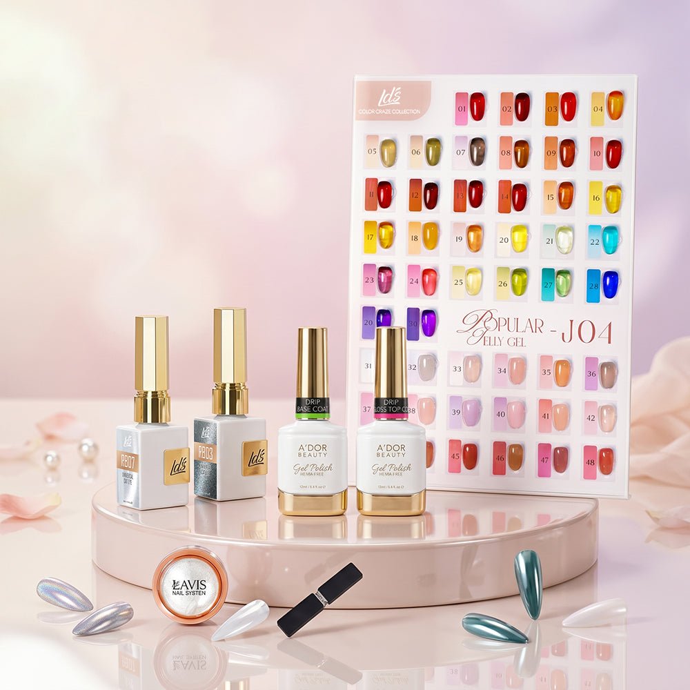 Buy LDS J04 Jelly Collection, FREE 1 LDS Moon Light Silver Cat Eye + 1 LDS Rain Bow Cat Eye + 1 Chrome Powder Super Clear + 2 A'Dor Drip Base Top + 1 Ribbon Magnet - DTK Nail Supply