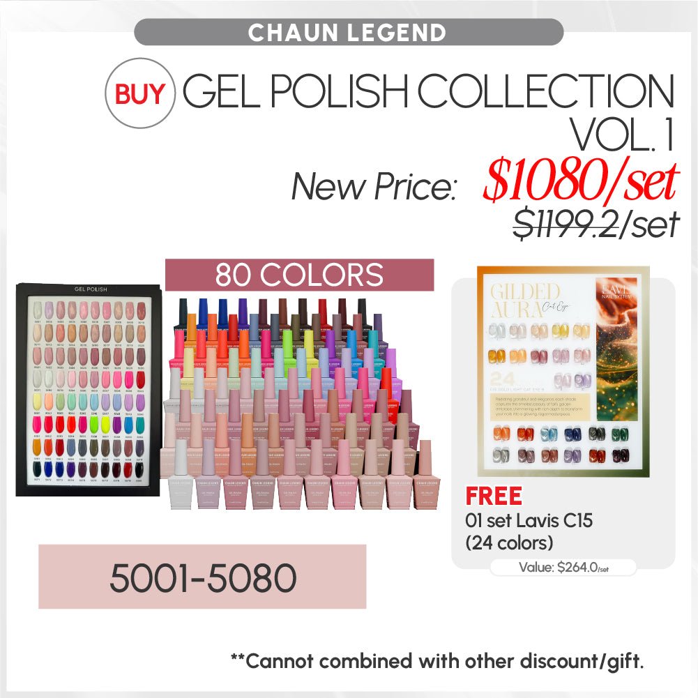 CHAUN LEGEND Gel Polish Collection Vol. 1 - 80 Colors + FREE 1 LAVIS C15 Cat Eye Collection - DTK Nail Supply