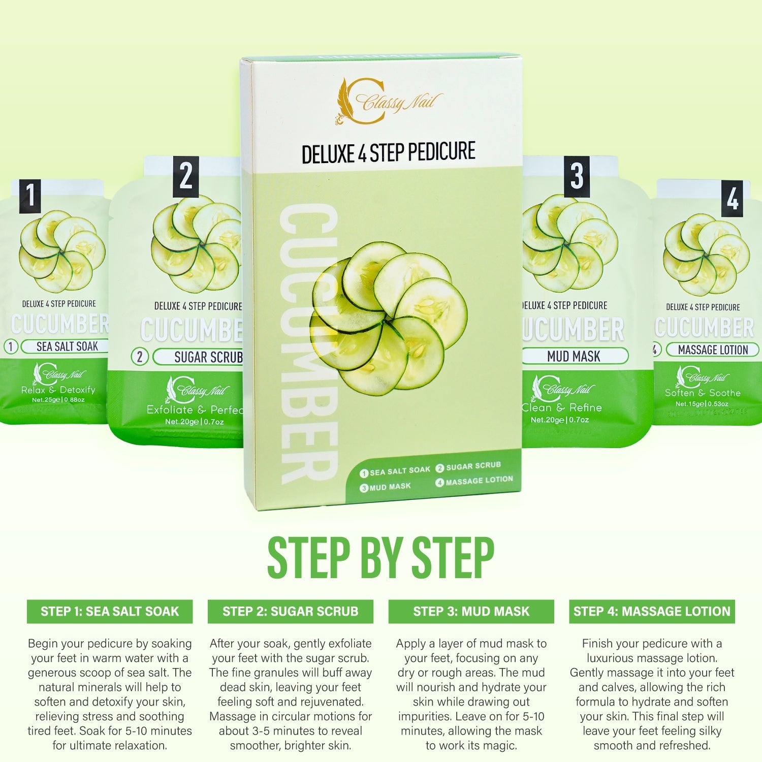 Classy Nail - Deluxe 4 Steps Pedicure x 50 Boxes - Cucumber - DTK Nail Supply