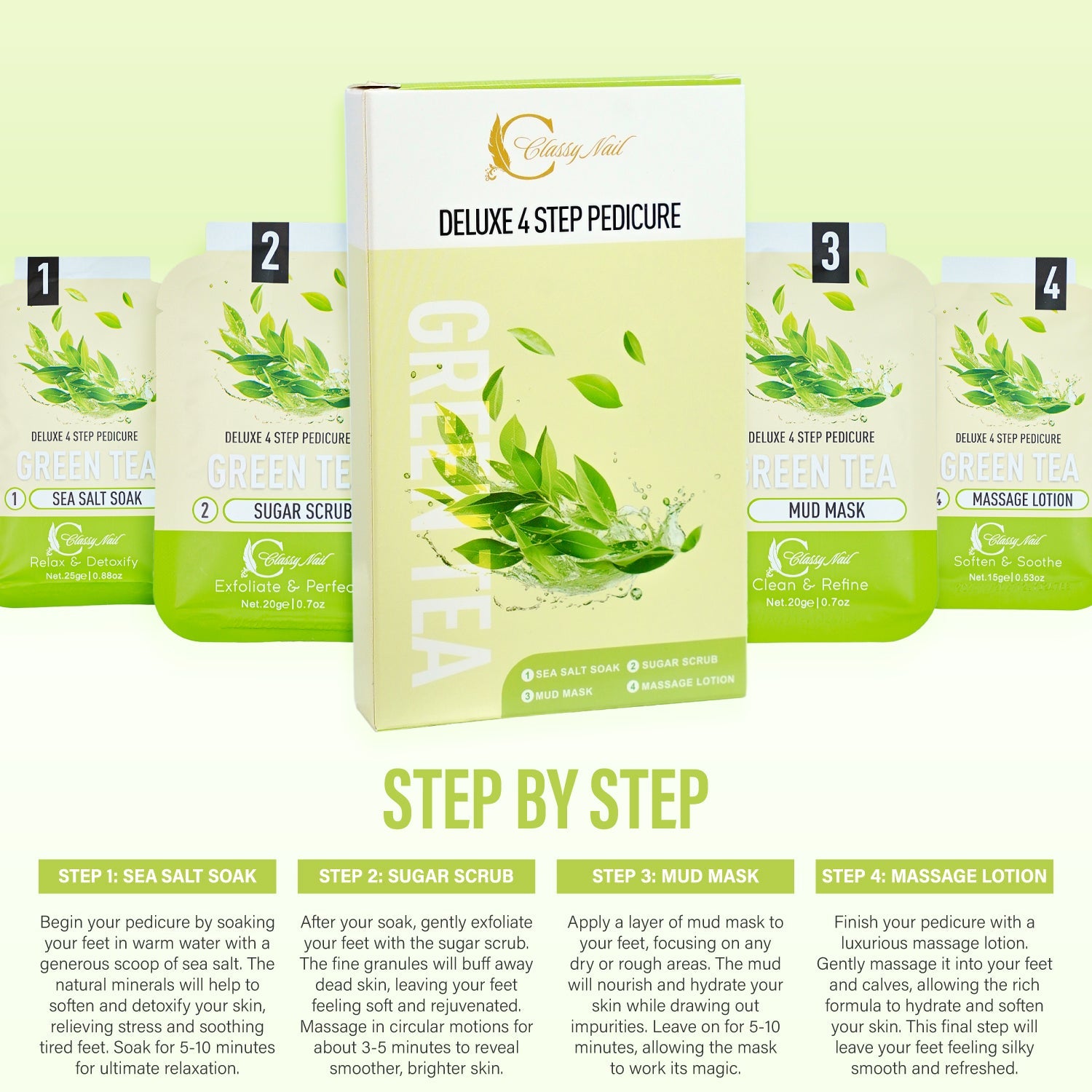 Classy Nail - Deluxe 4 Steps Pedicure x 50 Boxes - Green Tea - DTK Nail Supply