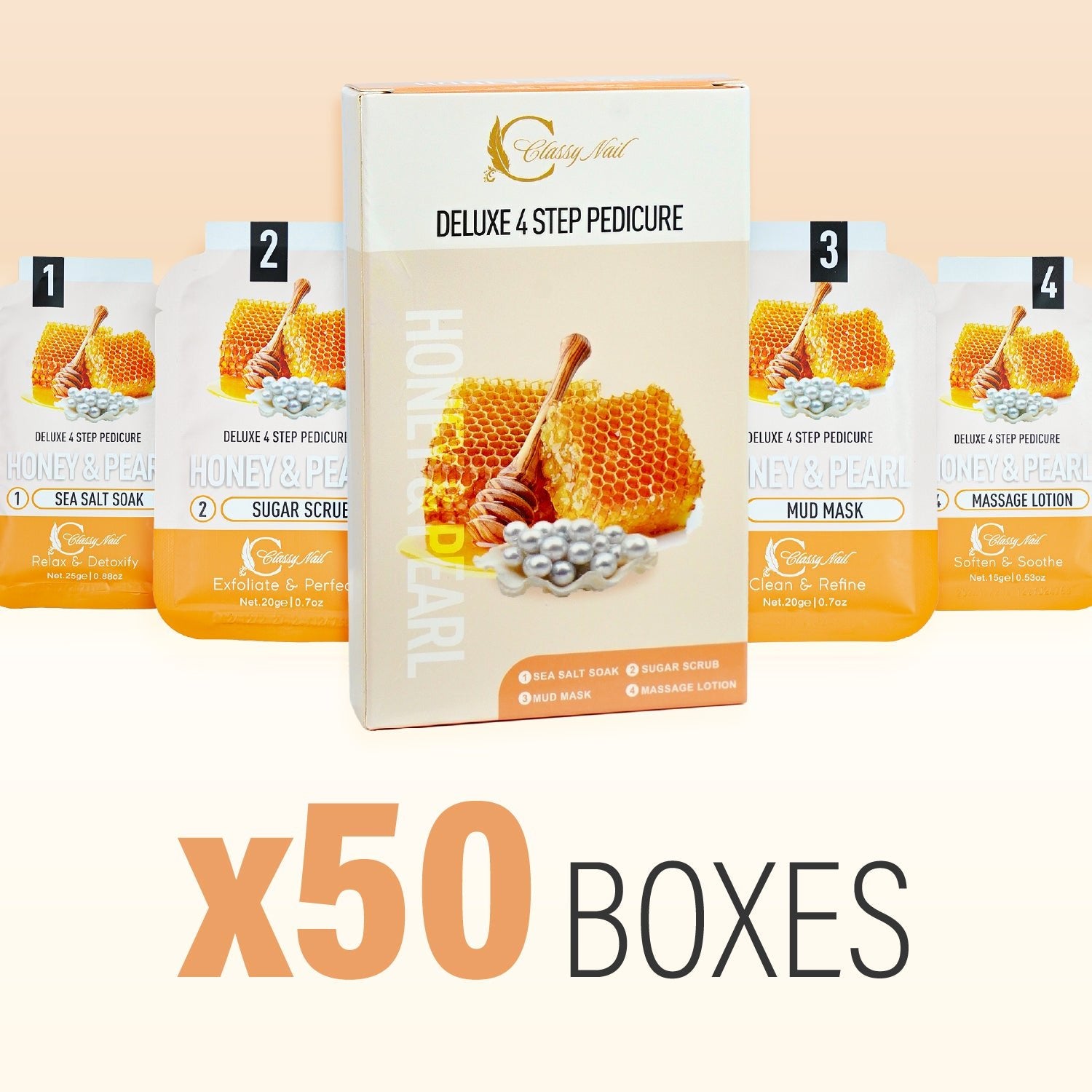 Classy Nail - Deluxe 4 Steps Pedicure x 50 Boxes - Honey & Pearl - DTK Nail Supply