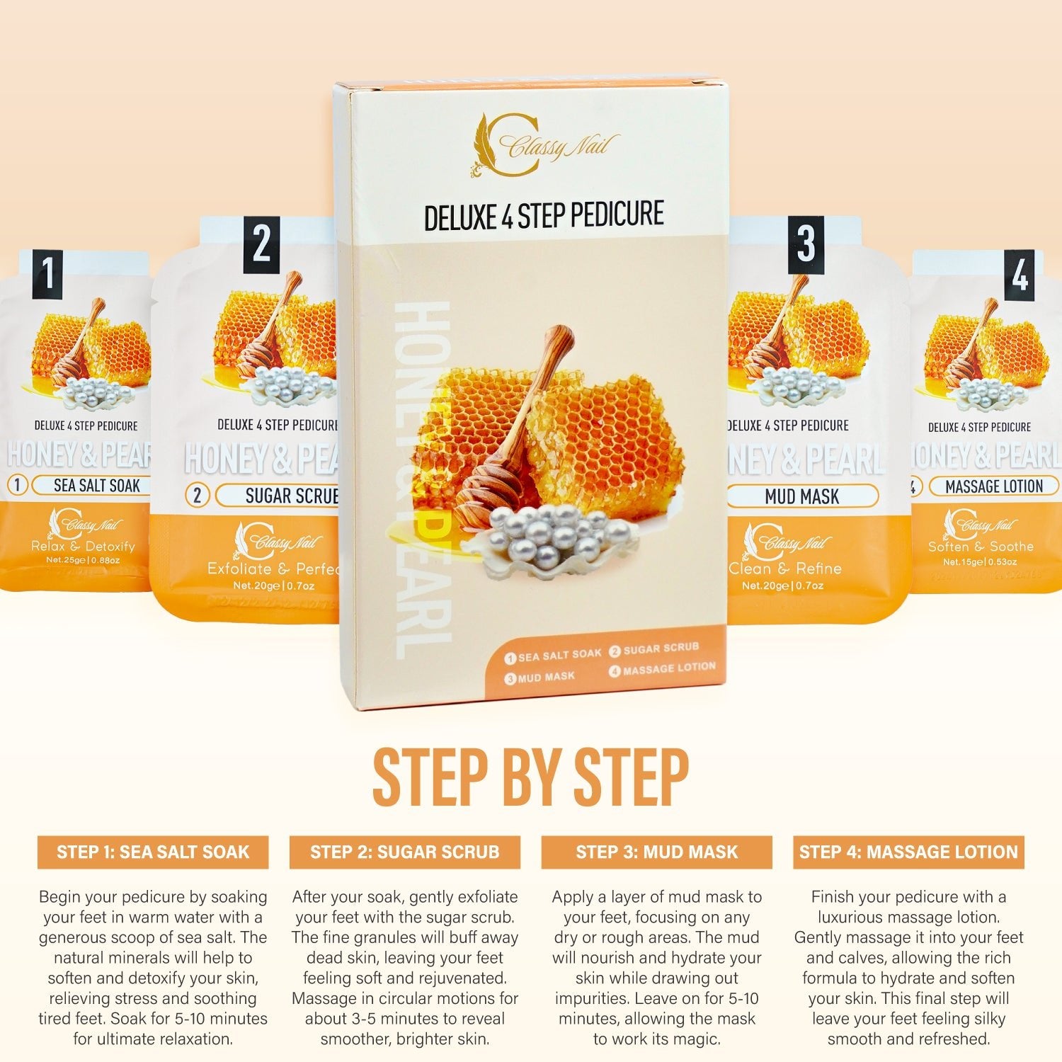 Classy Nail - Deluxe 4 Steps Pedicure x 50 Boxes - Honey & Pearl - DTK Nail Supply