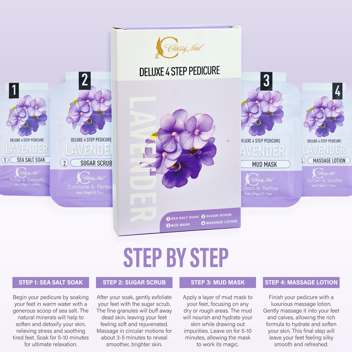 Classy Nail - Deluxe 4 Steps Pedicure x 50 Boxes - Lavender - DTK Nail Supply