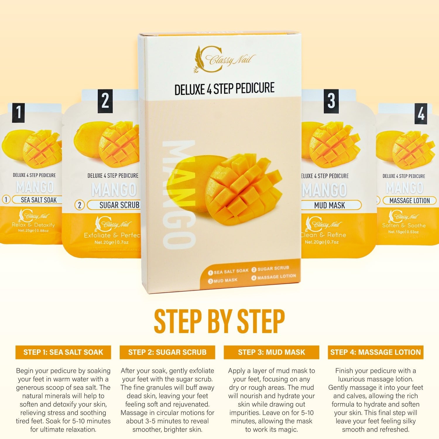 Classy Nail - Deluxe 4 Steps Pedicure x 50 Boxes - Mango - DTK Nail Supply