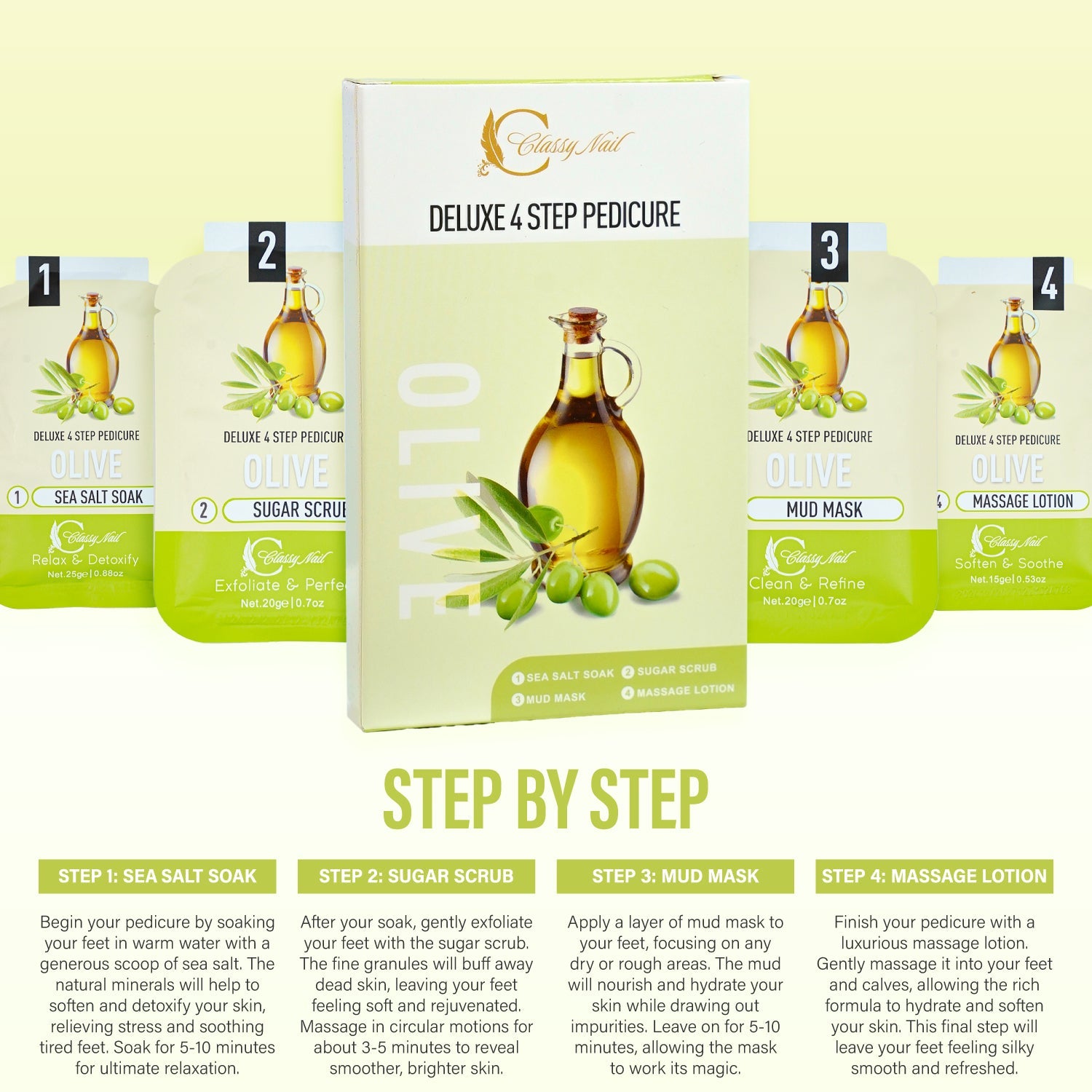 Classy Nail - Deluxe 4 Steps Pedicure x 50 Boxes - Olive - DTK Nail Supply
