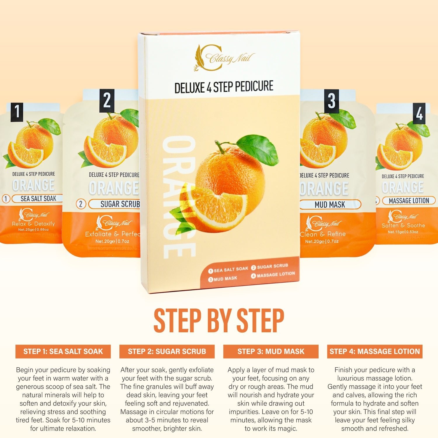 Classy Nail - Deluxe 4 Steps Pedicure x 50 Boxes - Orange - DTK Nail Supply