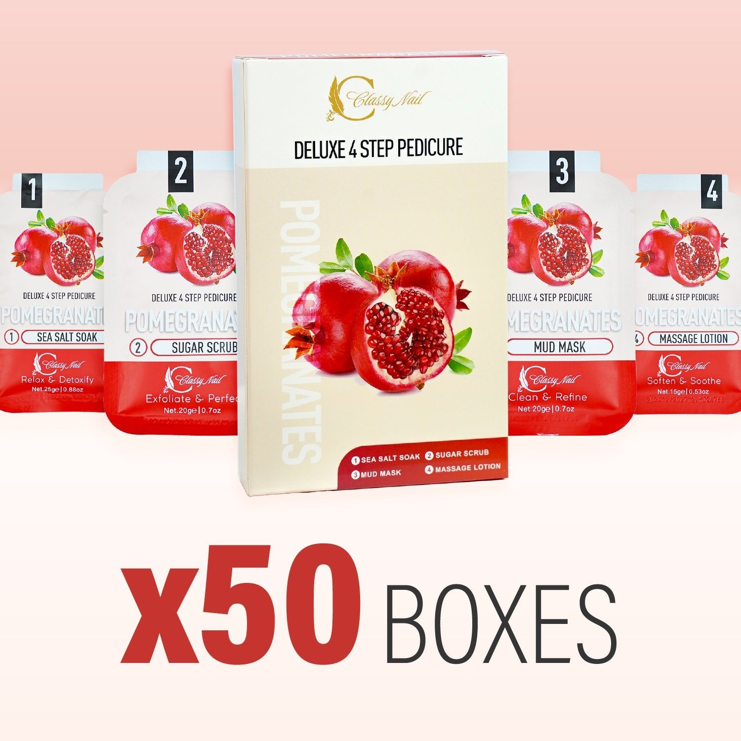 Classy Nail - Deluxe 4 Steps Pedicure x 50 Boxes - Pomegranates - DTK Nail Supply
