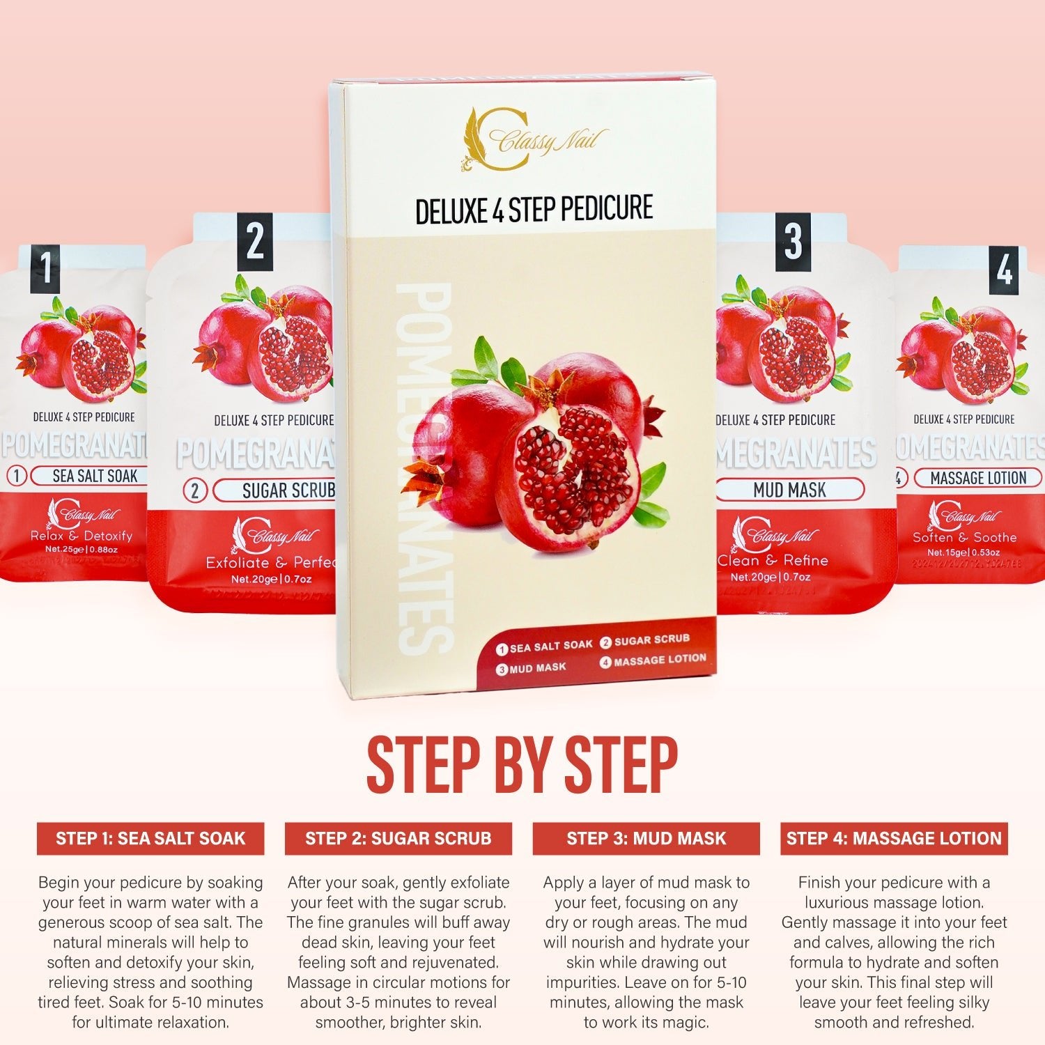 Classy Nail - Deluxe 4 Steps Pedicure x 50 Boxes - Pomegranates - DTK Nail Supply