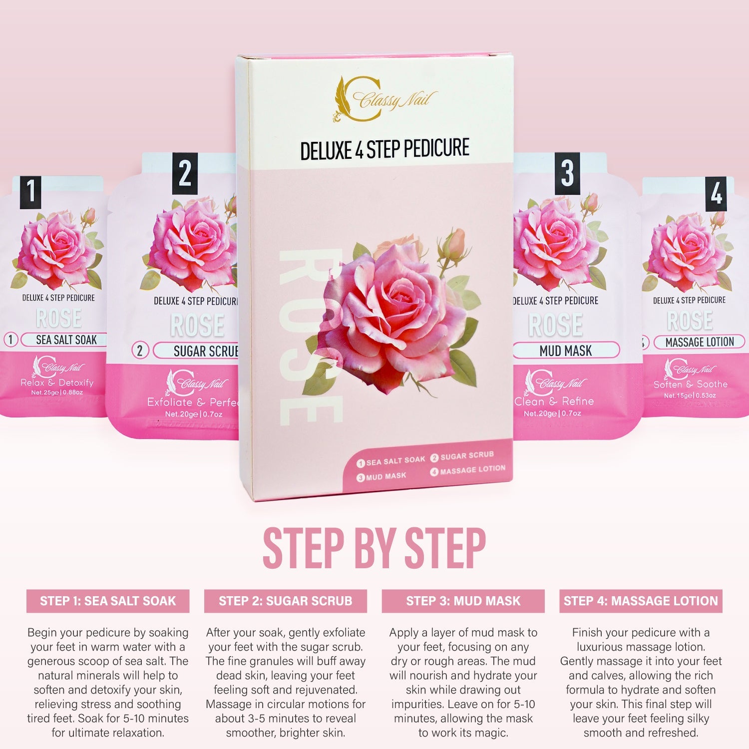 Classy Nail - Deluxe 4 Steps Pedicure x 50 Boxes - Rose - DTK Nail Supply