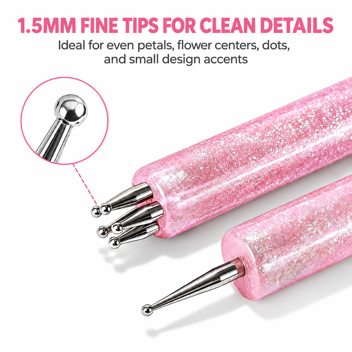 Flower Dotting Pen - Dual-Ended Nail Art Pen with Pink Glitter Handle - DTK Nail Supply