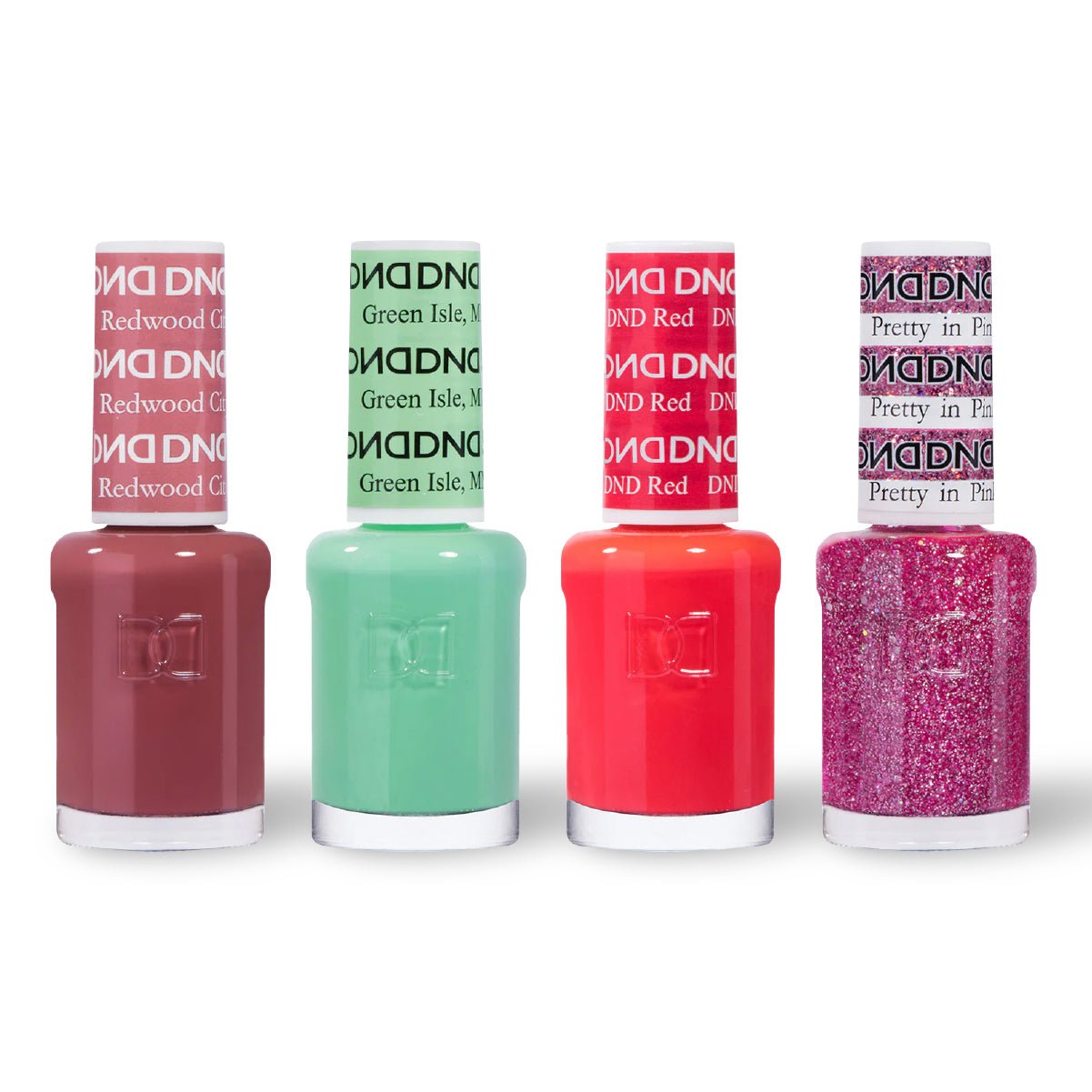 DND 4 Nail Lacquer - Set 12 - BROWN, GREEN, RED & GLITTER - DTK Nail Supply