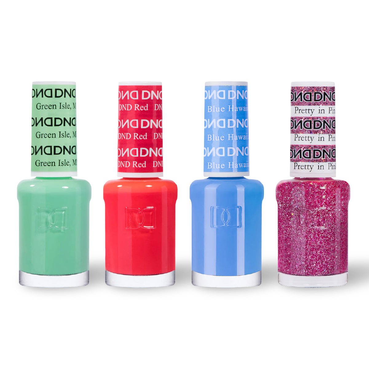 DND 4 Nail Lacquer - Set 5 - GREEN, RED, BLUE & GLITTER - DTK Nail Supply
