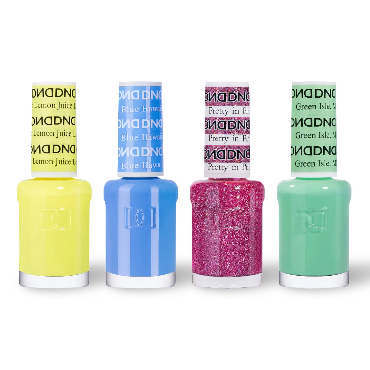 DND 4 Nail Lacquer - Set 9 - YELLOW, BLUE, GLITTER & GREEN - DTK Nail Supply