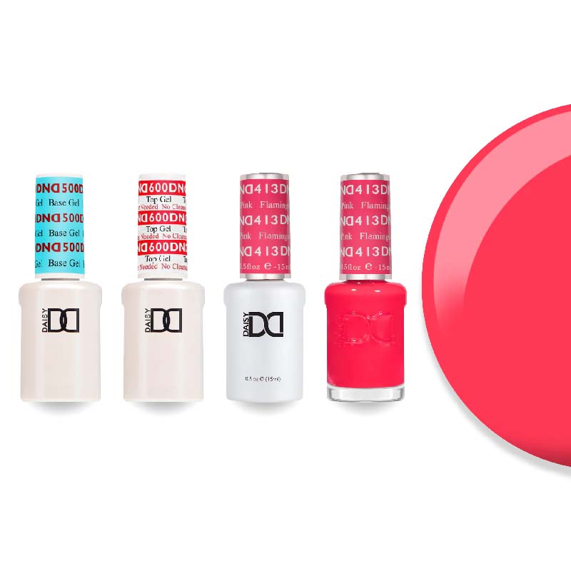DND Gel & Lacquer Combo - Base Top Gel & 413 Flamingo Pink - DTK Nail Supply