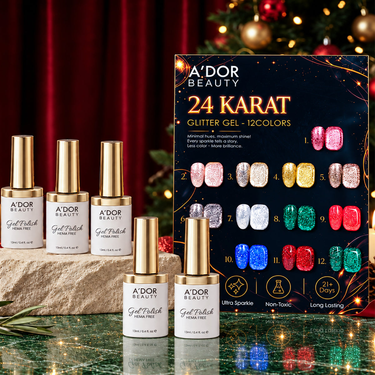 A'DOR 24 Karat Glitter Gel - Set 12 Colors - HEMA & TPO Free - 0.4 oz - DTK Nail Supply