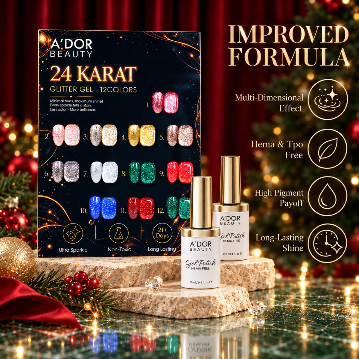 A'DOR 24 Karat Glitter Gel - Set 12 Colors - HEMA & TPO Free - 0.4 oz - DTK Nail Supply