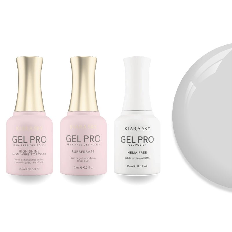 Kiara Sky Gel Pro Polish - HEMA - Free Rubber Base - High - Shine Non - Wipe Top Coat - 001 True White - DTK Nail Supply