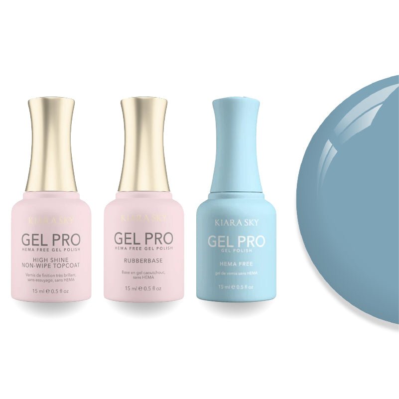 Kiara Sky Gel Pro Polish - HEMA - Free Rubber Base - High - Shine Non - Wipe Top Coat - 047 Bae - be Blue - DTK Nail Supply