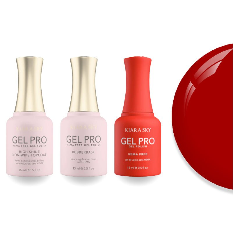 Kiara Sky Gel Pro Polish - HEMA - Free Rubber Base - High - Shine Non - Wipe Top Coat - 093 Scarlet Blaze - DTK Nail Supply
