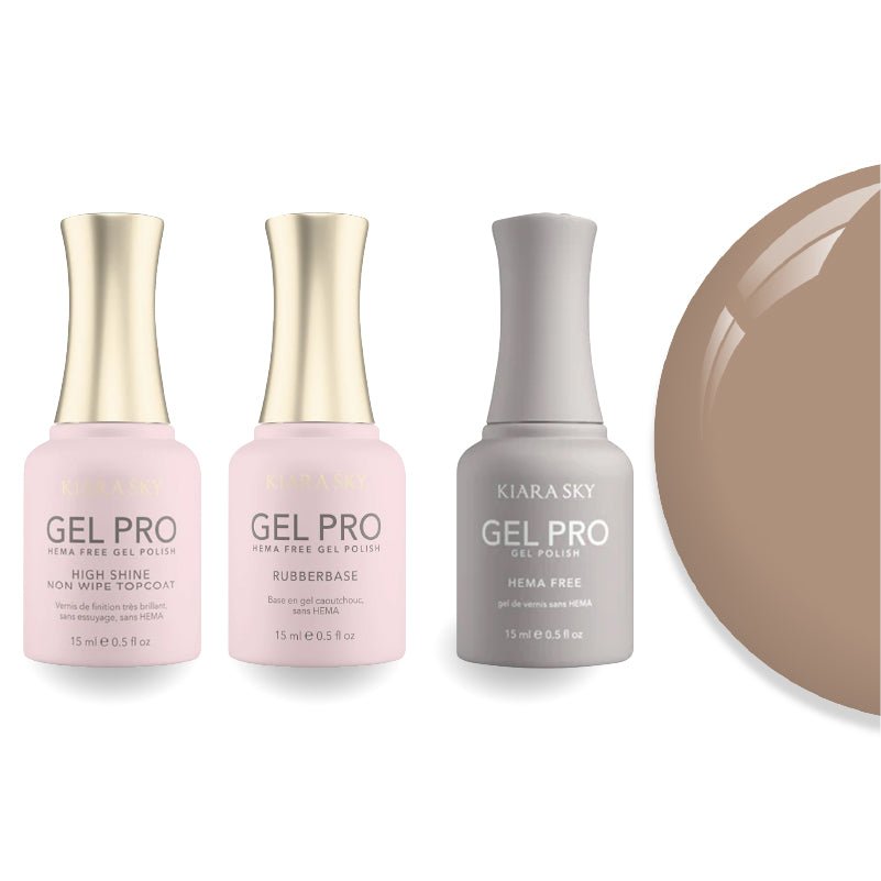 Kiara Sky Gel Pro Polish - HEMA - Free Rubber Base - High - Shine Non - Wipe Top Coat - 102 On Taupe Of The World - DTK Nail Supply