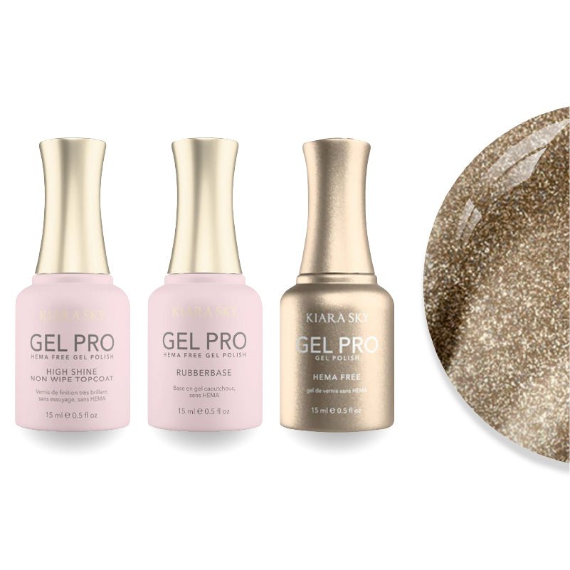 Kiara Sky Gel Pro Polish - HEMA - Free Rubber Base - High - Shine Non - Wipe Top Coat - 109 Gold Statement - DTK Nail Supply