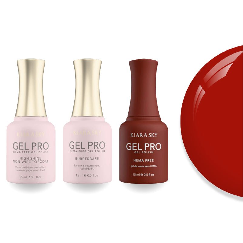Kiara Sky Gel Pro Polish - HEMA - Free Rubber Base - High - Shine Non - Wipe Top Coat - 122 Hanging By A Red - DTK Nail Supply