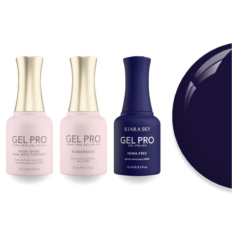 Kiara Sky Gel Pro Polish - HEMA - Free Rubber Base - High - Shine Non - Wipe Top Coat - 134 Navy - gate Life - DTK Nail Supply