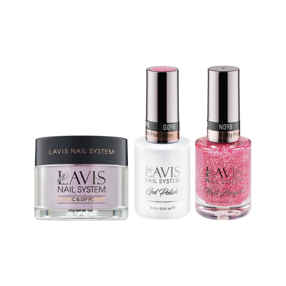 LAVIS 3 in 1 - 098 Pretty Pink Glitter - Acrylic & Dip Powder, Gel & Lacquer - DTK Nail Supply