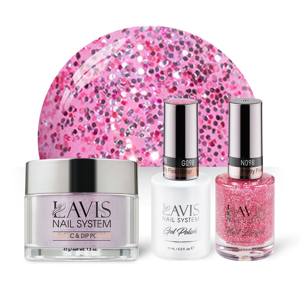 LAVIS 3 in 1 - 098 Pretty Pink Glitter - Acrylic & Dip Powder, Gel & Lacquer - DTK Nail Supply