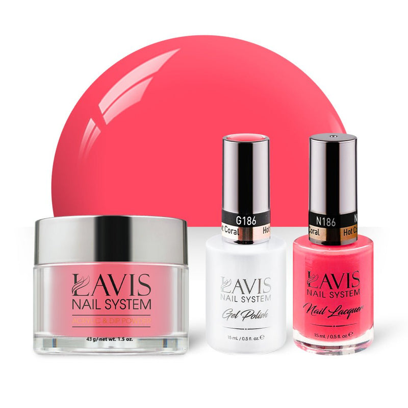 LAVIS 3 in 1 - 186 Hot Coral - Acrylic & Dip Powder, Gel & Lacquer - DTK Nail Supply