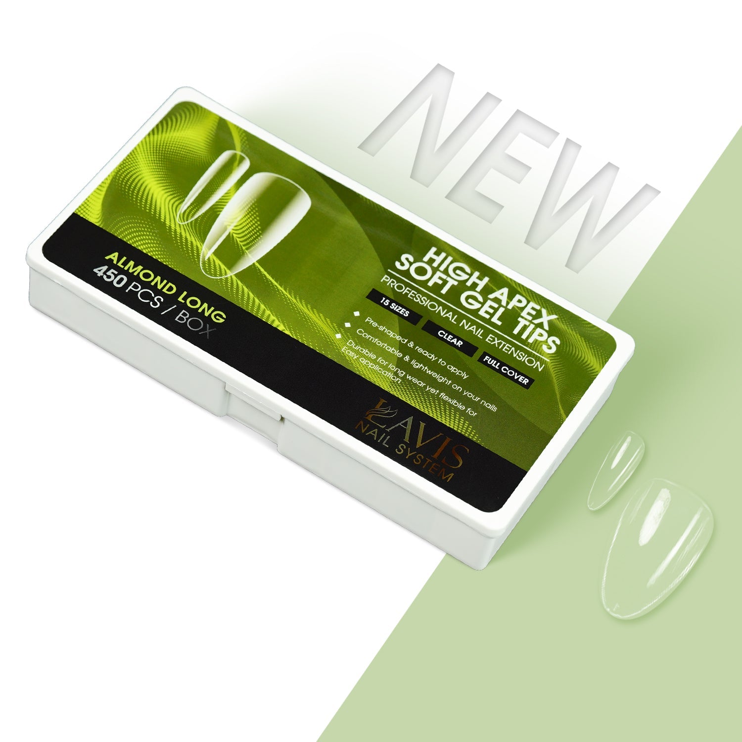 LAVIS Almond Long - 15 Sizes Clear - High Apex Soft Gel Tips - DTK Nail Supply
