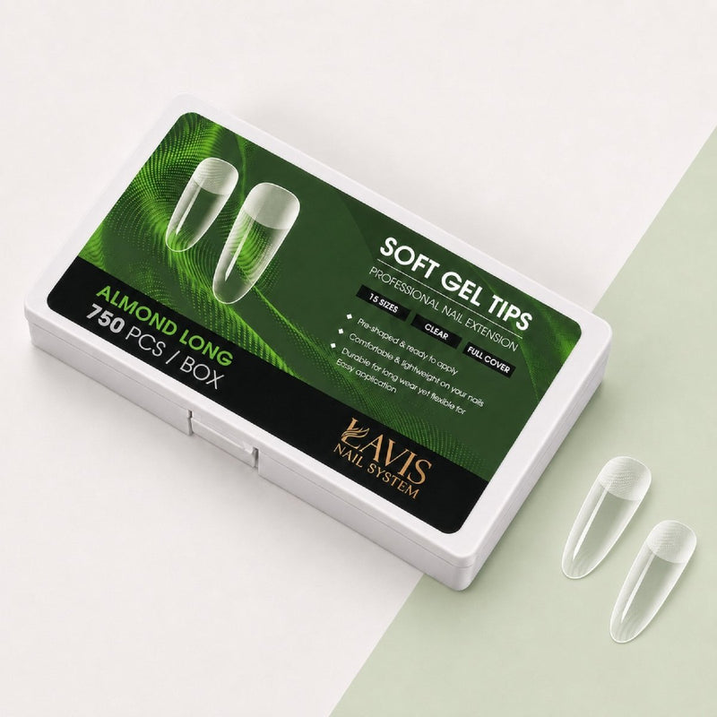 LAVIS Almond Long - 15 Sizes Clear - Soft Gel Tips - DTK Nail Supply