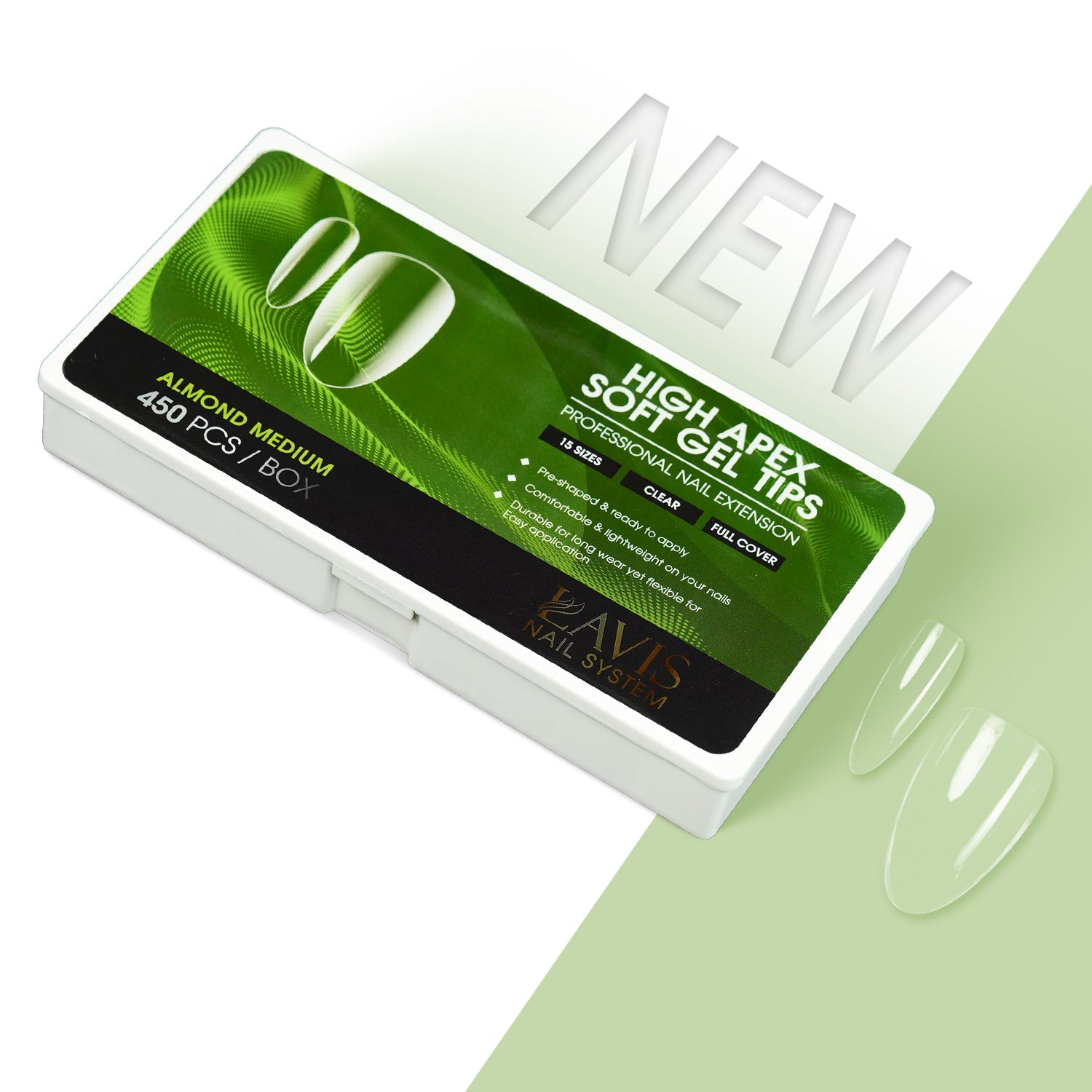 LAVIS Almond Medium - 15 Sizes Clear - High Apex Soft Gel Tips - DTK Nail Supply