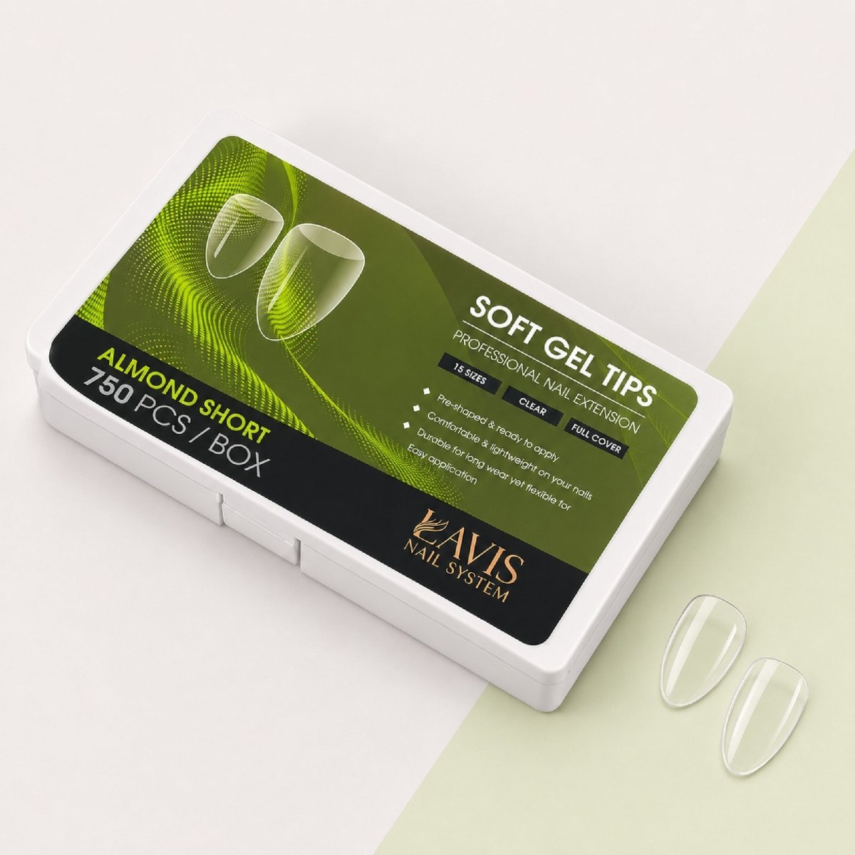 LAVIS Almond Short - 15 Sizes Clear - Soft Gel Tips - DTK Nail Supply