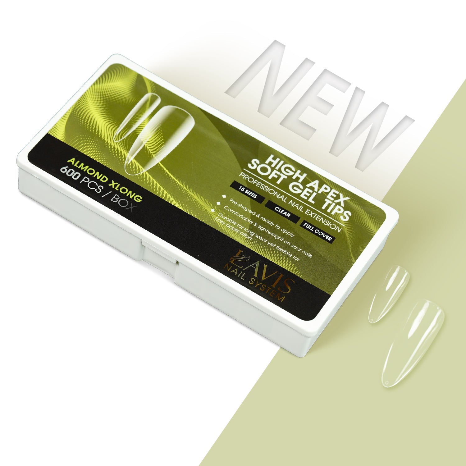 LAVIS Almond Xlong - 15 Sizes Clear - High Apex Soft Gel Tips - DTK Nail Supply