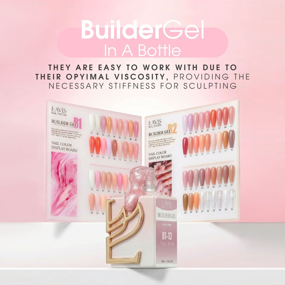 LAVIS Builder Gel In The Bottle - B1 - Set 36 Colors - Gel Polish 0.5oz - DTK Nail Supply