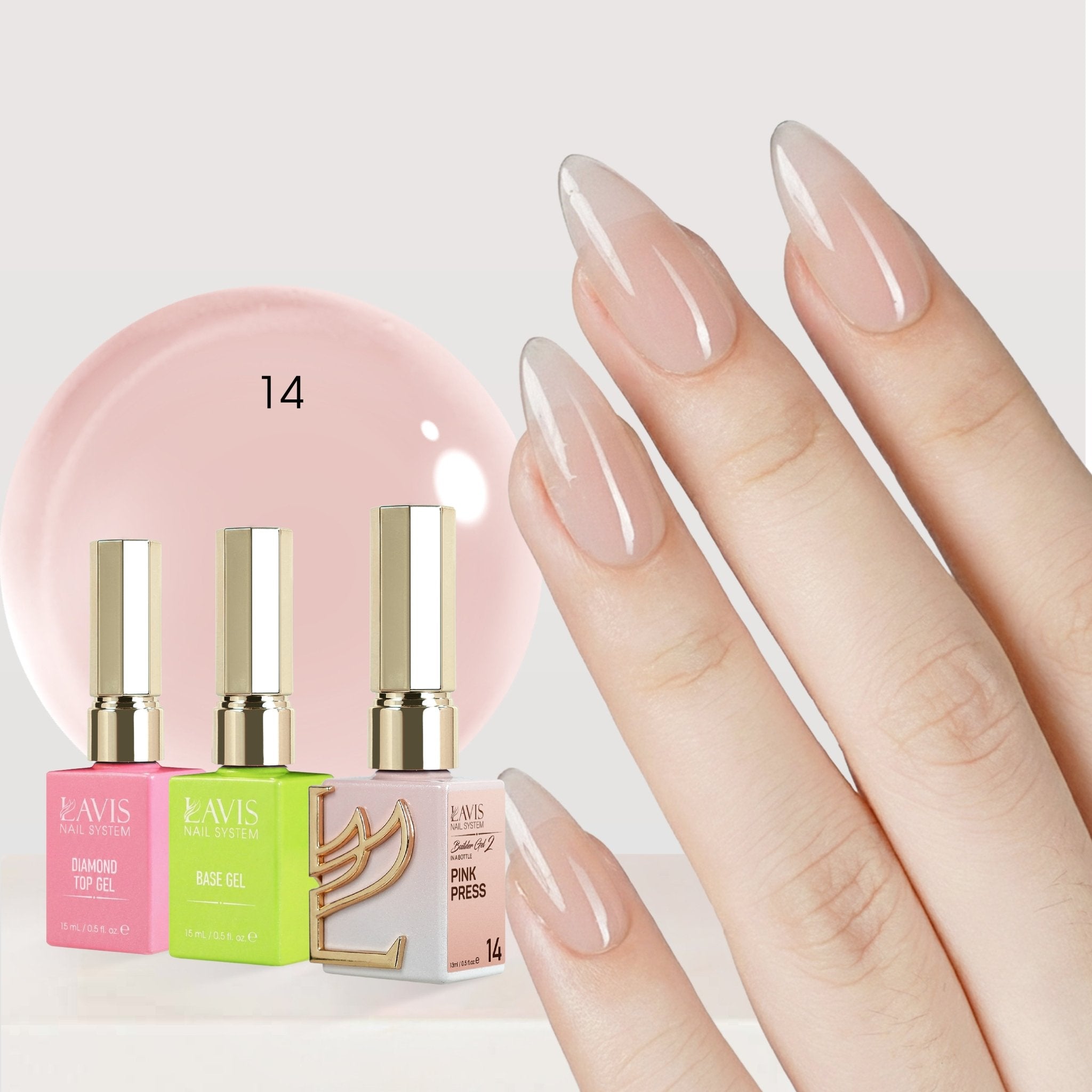 LAVIS Builder Gel in the Bottle Kit 3: 14 - Pink Press, Base, Top - 15ml - DTK Nail Supply