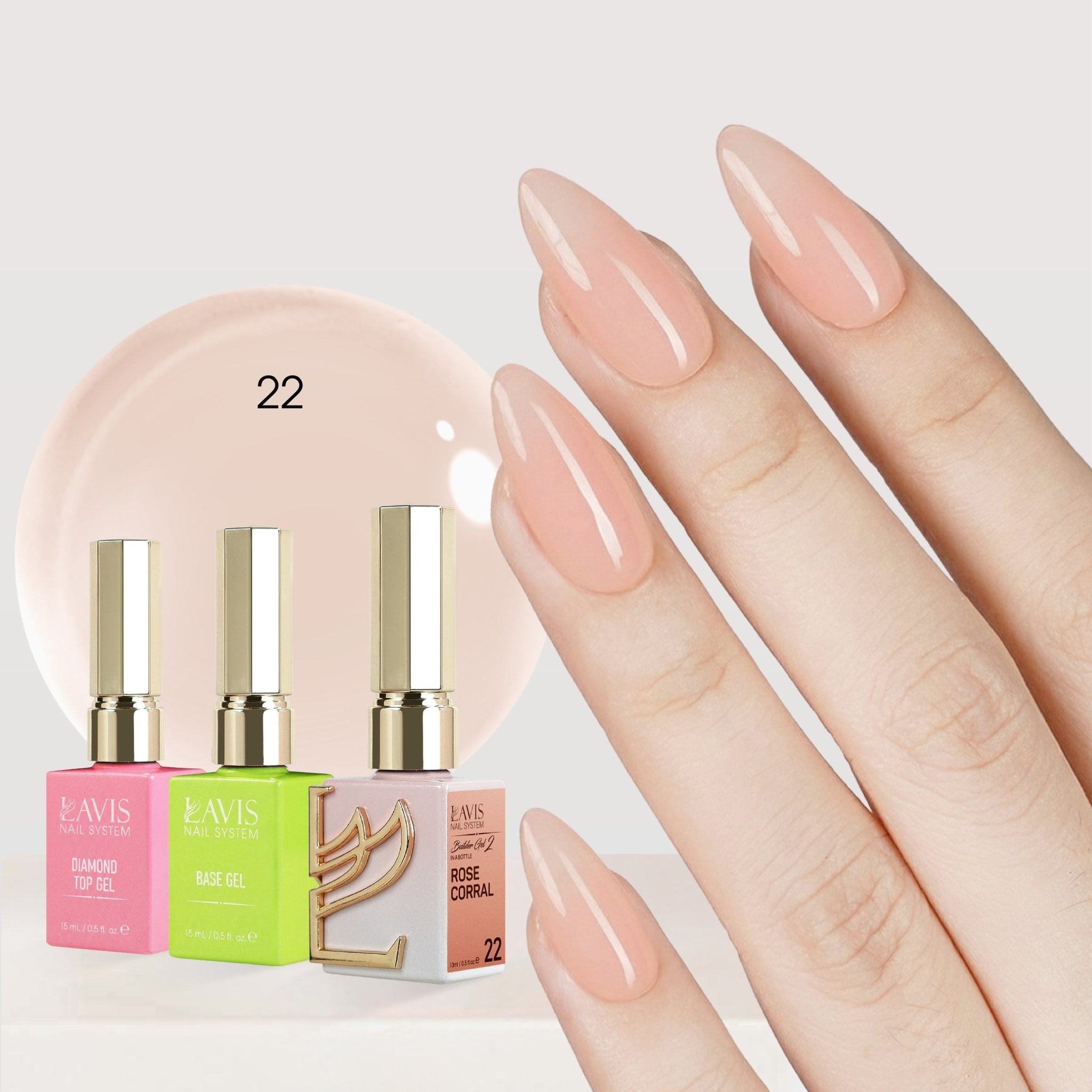 LAVIS Builder Gel in the Bottle Kit 3: 22 - Rose Corral, Base, Top - 15ml - DTK Nail Supply