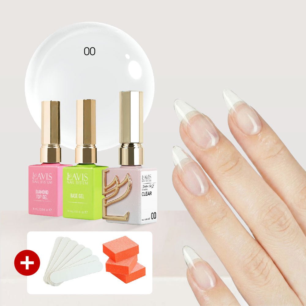 LAVIS Builder Gel in the Bottle Kit 3, FREE 5 MINI FILES + 3 BUFFERS: 00 - Clear, Base, Top - 15ml - DTK Nail Supply