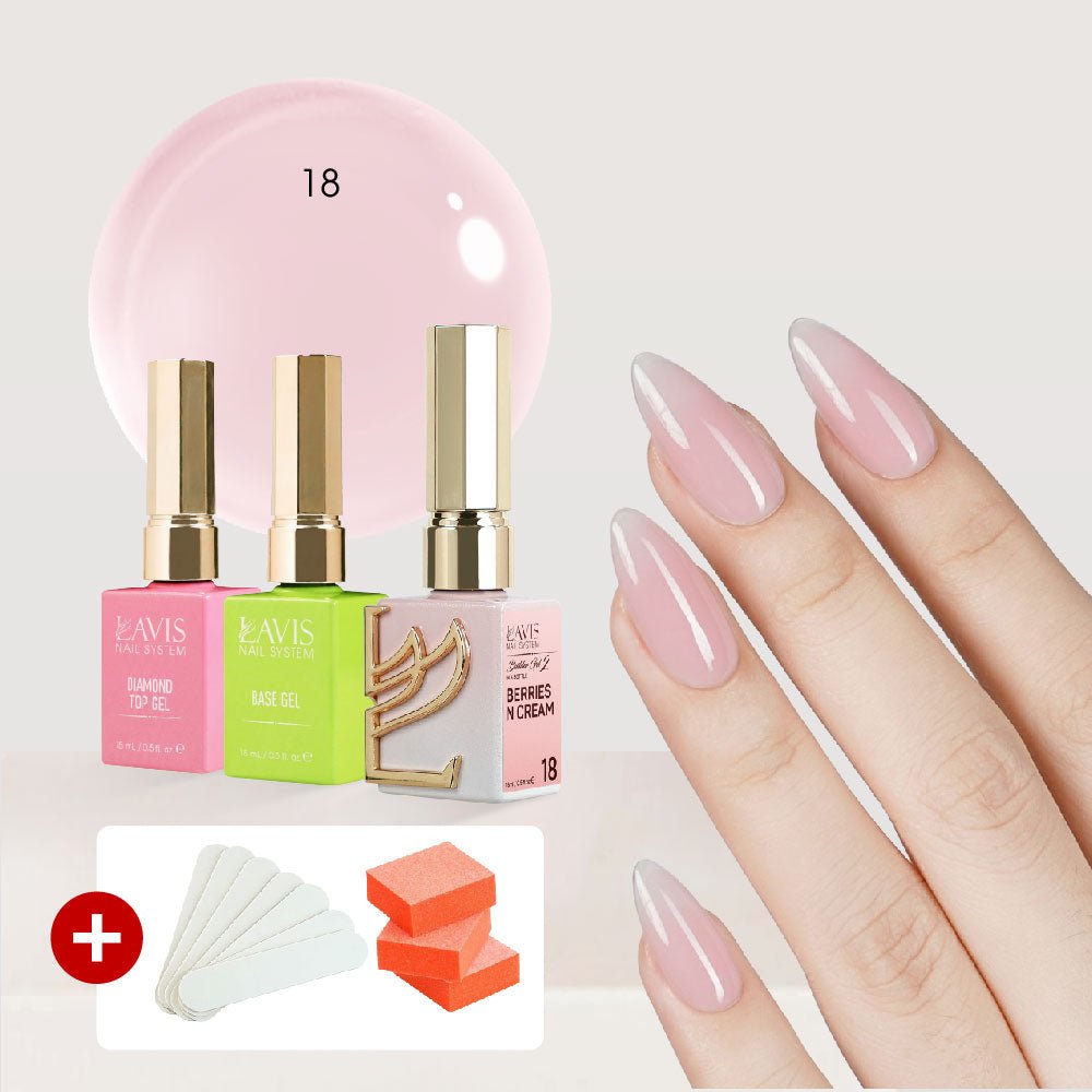 LAVIS Builder Gel in the Bottle Kit 3, FREE 5 MINI FILES + 3 BUFFERS: 18 - Berries N Cream, Base, Top - 15ml - DTK Nail Supply