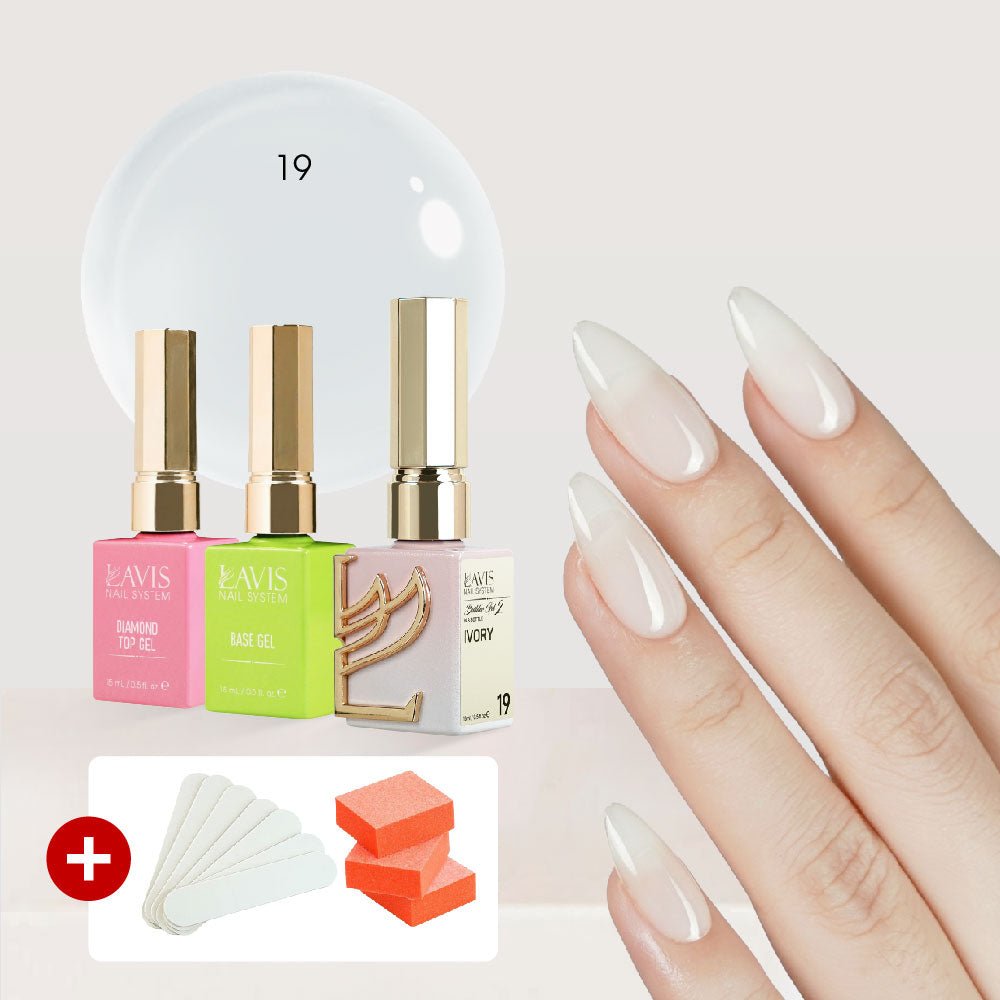 LAVIS Builder Gel in the Bottle Kit 3, FREE 5 MINI FILES + 3 BUFFERS: 19 - Ivory, Base, Top - 15ml - DTK Nail Supply