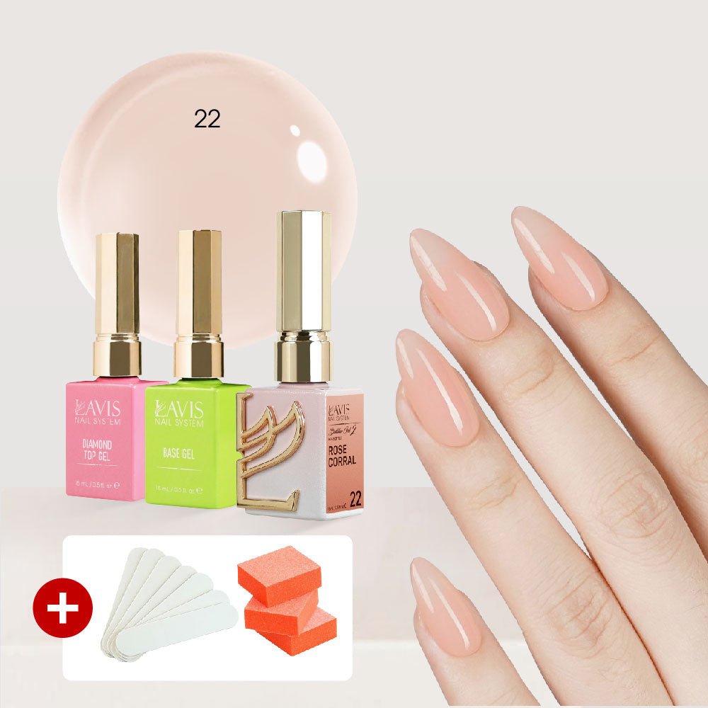 LAVIS Builder Gel in the Bottle Kit 3, FREE 5 MINI FILES + 3 BUFFERS: 22 - Rose Corral, Base, Top - 15ml - DTK Nail Supply